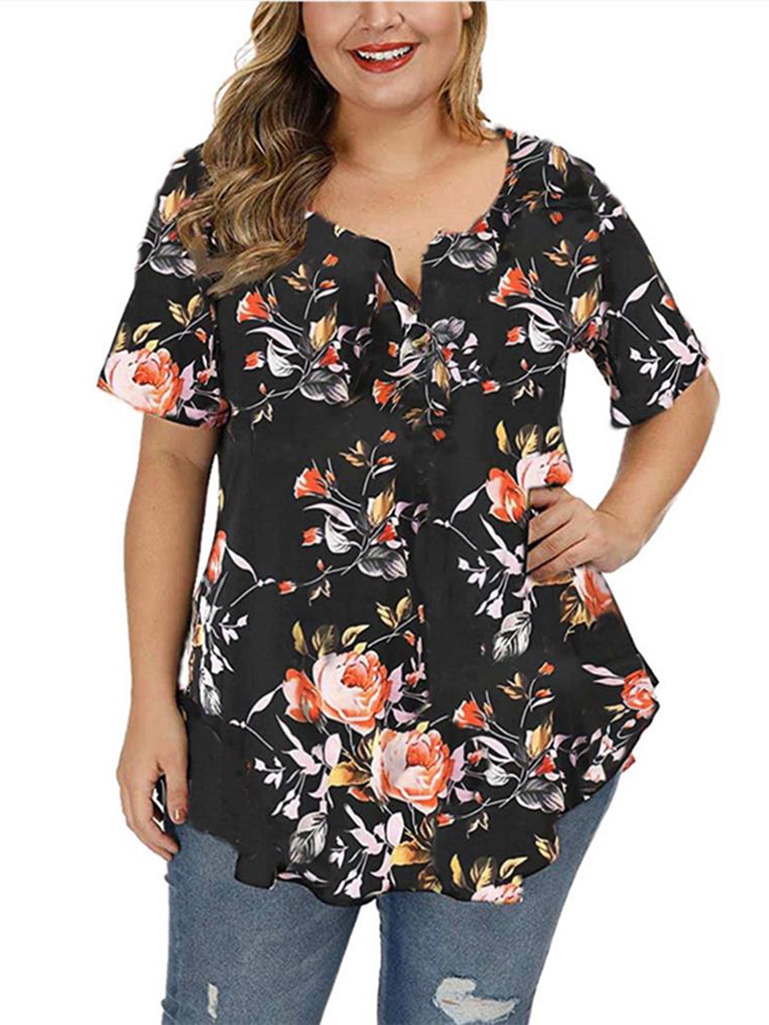 Cyber Monday Deals Women's Plus Size V Neck Floral Tops Short Sleeve Summer Loose T-shirts