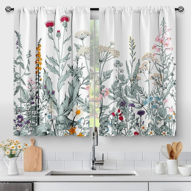 Flower Leaves Kitchen Curtains - Dark Green Floral Spring Rustic Plant Botanical Cafe Farmhouse Small Short Curtains for Bathroom RV Rod Pocket Window Drapes 36 Inch Length 2 Panels Set