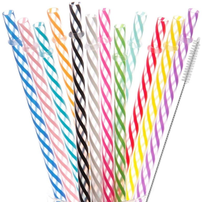 DAKOUFISH 11 Inch Reusable Plastic Clear Stripe Plastic Drinking Straws  Extra Long for 24oz & 40oz Mason Jar Tumblers,Dishwasher safe,Set of 12  Straws with Cleaning Brush 