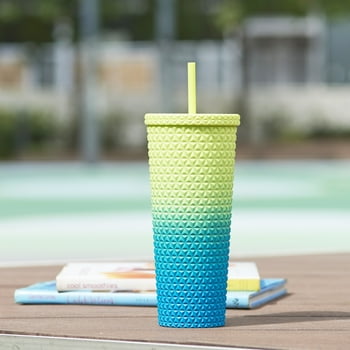 Mainstays 26 oz Double Wall Plastic Ombre Painting Textured Tumbler, Green
