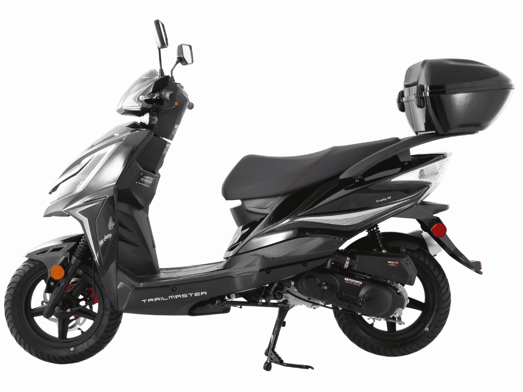 Trailmaster Trophy 50cc Scooter/Moped, Automatic CVT, Electric & Kick Start, 12-inch Aluminum Rims, Optional Color-Matched Locking Trunk (Black)