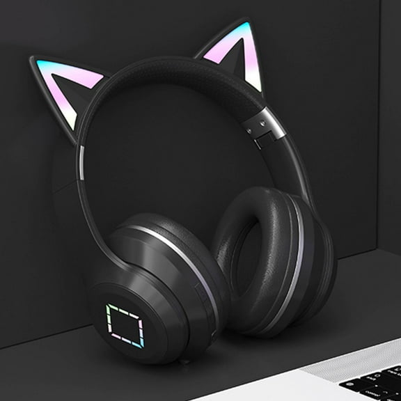 Jioakfa Kids Wireless Over Ear Bluetooth Headphones Cute Rgb Ears Foldable Audio Wireless Kids Bluetooth 5.1 With Mic And Volume Control Headphones For Girls Ladies Black