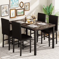 LinkRomat Dining Table Set for 4, Faux Marble Kitchen Table Set with 4 Leather Upholstered Chairs, 5 Piece Modern Dinette for Dining Room