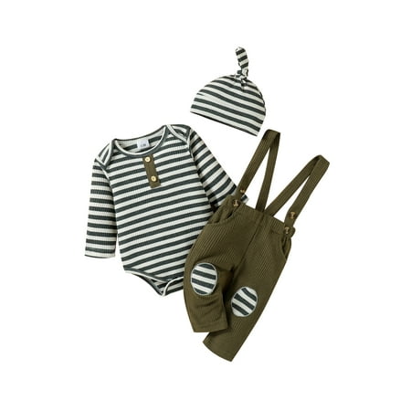 

Jkerther Newborn Baby Boys 3Pcs Outfits Striped Long Sleeve Romper + Suspender Pant + Hat
