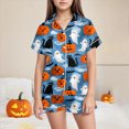 thumbnail image 2 of zuwimk Halloween Short Sleeve Pajamas Set For Kids Girls Bat Print Collared Tops And Shorts Pjs Set Loose Fit Casual Kids Halloween 2 Pces(Sky Blue,6-7 Years), 2 of 6