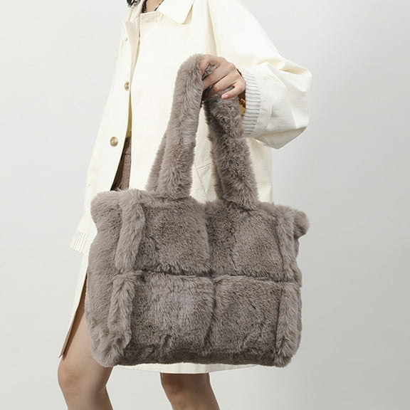 KGJQ Fluffy Tote Bag, Large Fur Purses for Women Winter Fuzzy Totes Plush Shoulder Handbag