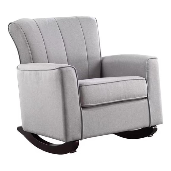 Benjara 34" Rocking Chair- Wood Frame- Vertical Channel Tufted Gray Linen