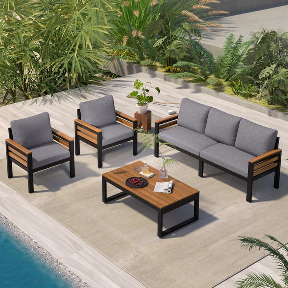 Comfortable 4-Piece Outdoor Patio Conversation Sofa Set with 3-Seat Couch and 2 Armchairs, Acacia Wood Coffee Table with Removable Cushions for Backyard Garden Deck Poolside, Grey