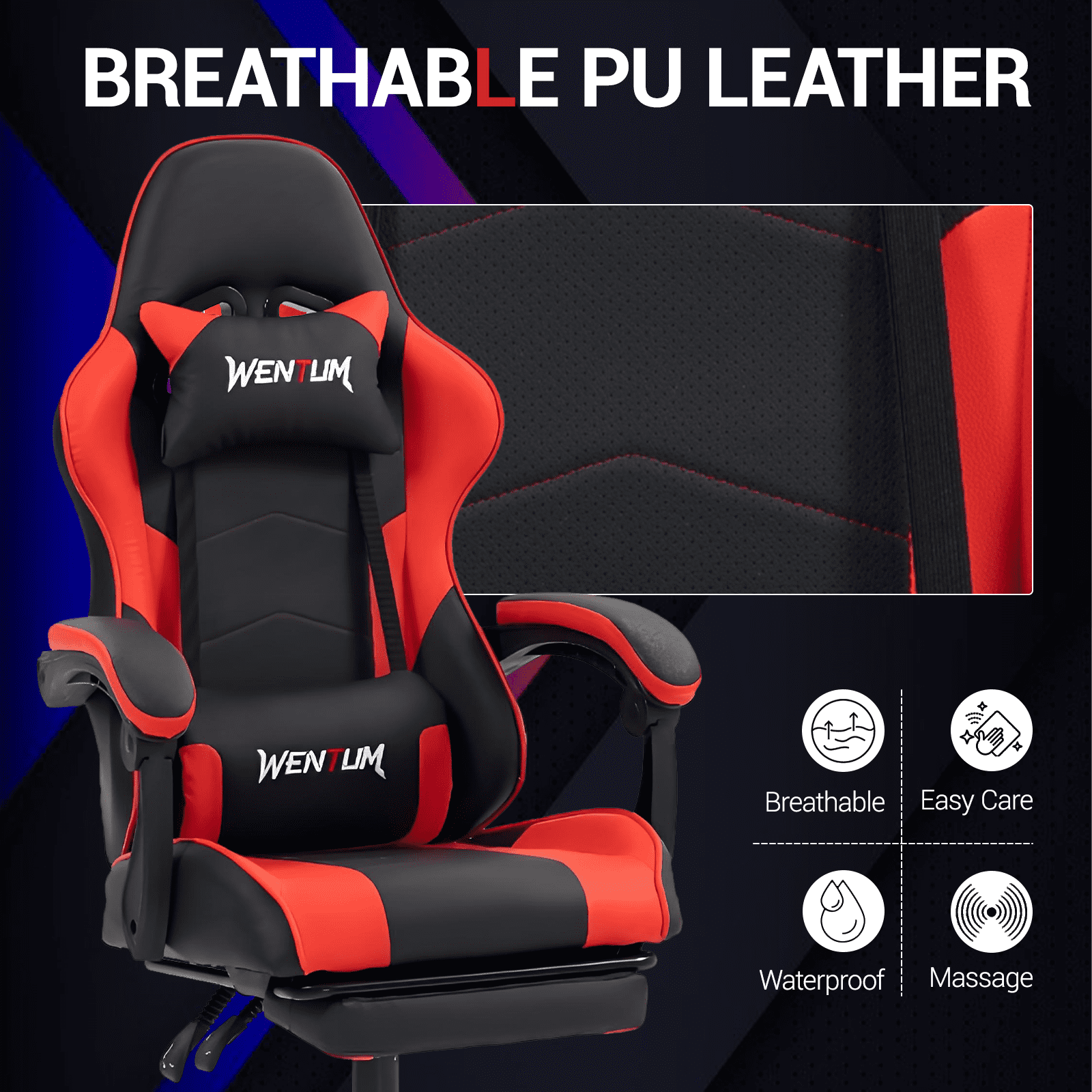 WENTUM Ergonomic Reclining Gaming Chair with Linkage Armrests & Footrest, Racing Office Chair, PU Leather Computer Desk Chair, Red