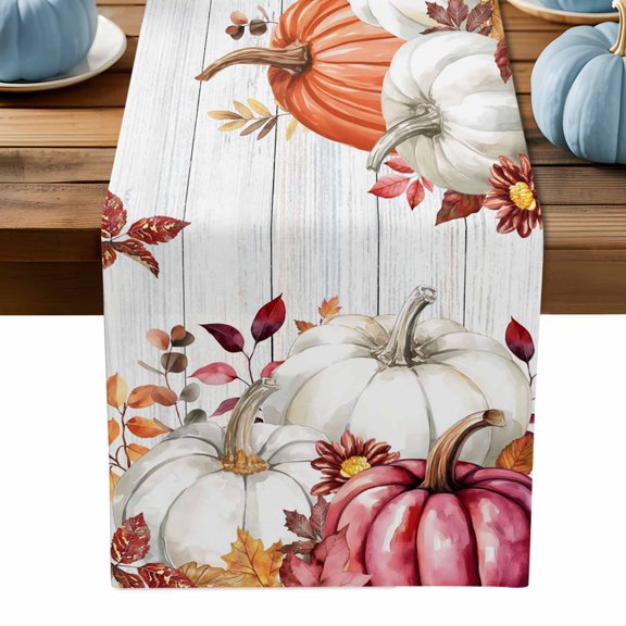 ERUNPONLY Thanksgiving Table Runner - 120 Inch Long Fall White Orange Pumpkin Leaves Wooden Cotton and Linen Blended Dress Scarves Farmhouse Table Runner for Kitchen Dining, Coffee Table, 13" x 120"