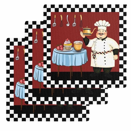 Chef Kitchen Dish Towels for Drying Dishes Set of 3 Cartoon Red Food Cooking Black White Buffalo Check Waffle Weave Microfiber Hand Tea Bathroom Towels Quick Dry & Absorbent Towel 12x12