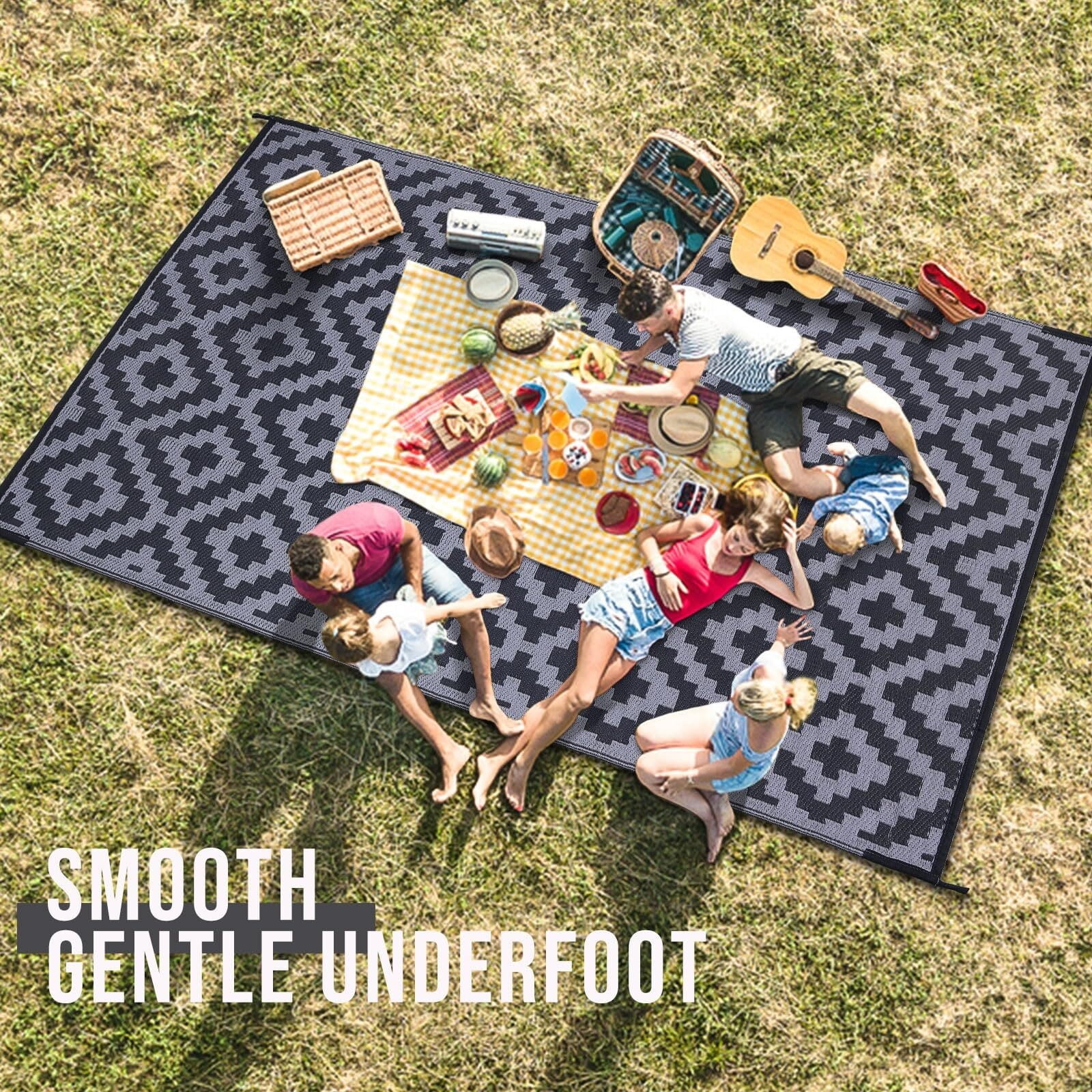 Waterproof Outdoor Rug 5x8 ft, Reversible Plastic Straw Patio Rug for Camping, RV Mat Outside, Indoor Outdoor Carpet for Porch, Deck, Backyard, Camper, Balcony, Picnic, Black & White