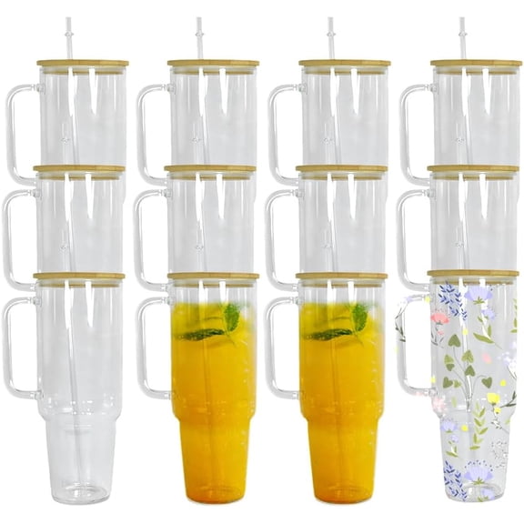 40 oz 12 Pack Sublimation Glass Tumbler with Handle, Straw and Bamboo Lid, Reusable Travel Coffee Mug, Can be Placed in the Car Cup Holder and Diy as a Gift, Clear