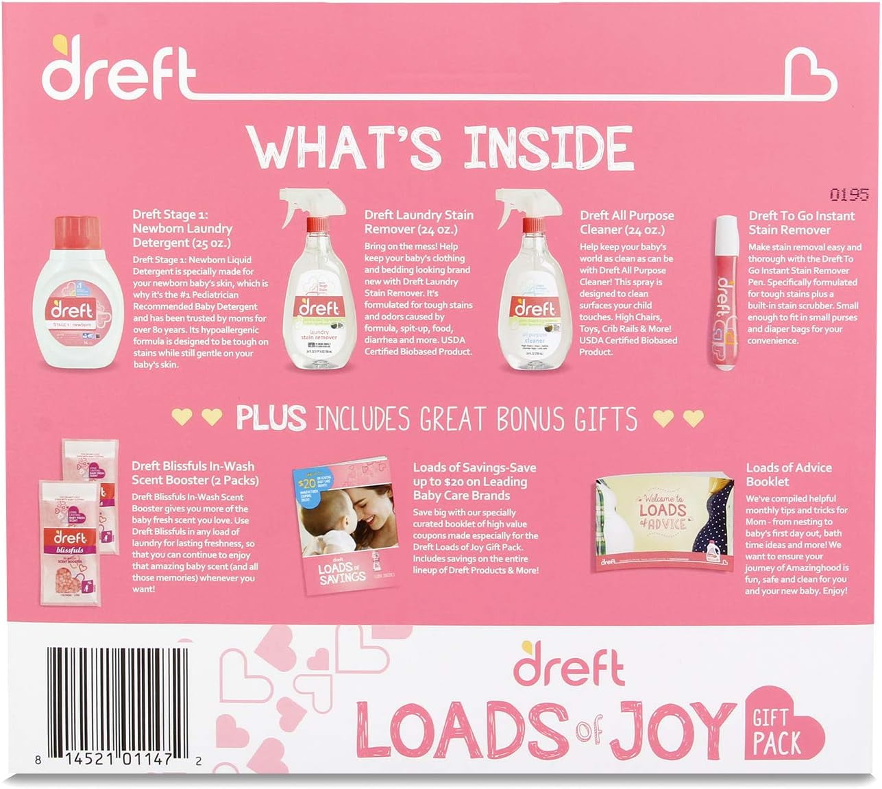 Dreft Loads of Joy Baby Gift Set with Laundry Detergent and Stain Remover, Infant Essentials, 16 Loads, 8 Pieces
