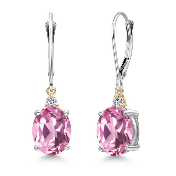 Gem Stone King 925 Silver and 10K Yellow Gold Light Pink Created Sapphire and Lab Grown Diamond Dangle Earrings for Women | 6.13 Cttw | Gemstone September Birthstone | Oval 10X8MM