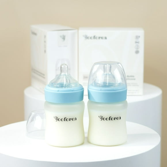 Yooforea Biberon pour Bébé en Verre Revêtu de Silicone, Tétine Débit Moyen 2 M+ I Anti-Coliques, Goulot Grand, Base Stable I Revêtement en Silicone de Qualité Médicale Protection contre les Bris, Sans BPA BPS PVC (Lot de 2, 150 Ml/5 Oz-Fog)