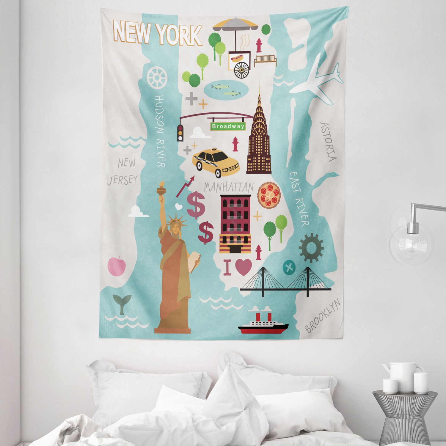 NYC Tapestry, New York Infographic Cartography with Famous Landmarks 