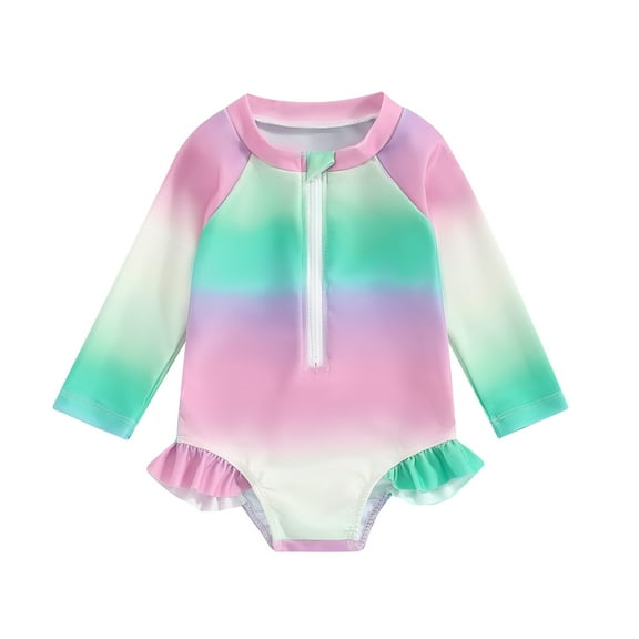 Bagilaanoe Toddler Baby Girl One-Piece Swimsuit Gradient Color Long Sleeve Zipper Rashguard Swimwear 6M 12M 2T 3T 4T Kids Ruffle Bathing Suit
