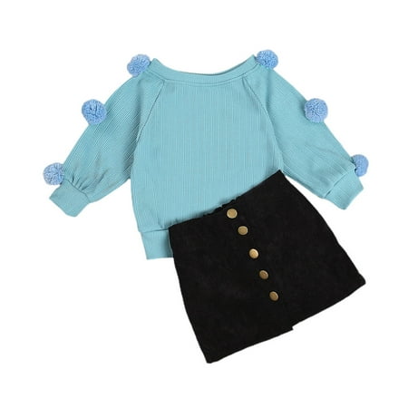 

One opening Toddler Baby Girl Long Sleeve Round Neck Pompom Knitwear + Decorative Button Skirt