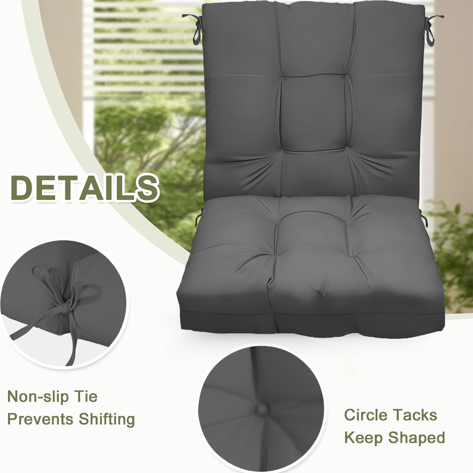 Outdoor High Back Chair Cushions Set of 2, 42"x21"x4" Tufted Waterproof Patio Cushion for Rocking & Dining Chairs, Soft Seat Pad with Ties, Fade-Resistant Indoor Outdoor Use
