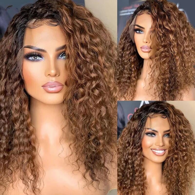 Preplucked Baby Hair & Heat Resistant 26Inch Soft Ombre Brown Kinky Curly 180% Density Synthetic Hair Lace Front Wig Glueless Daily Wig for Women