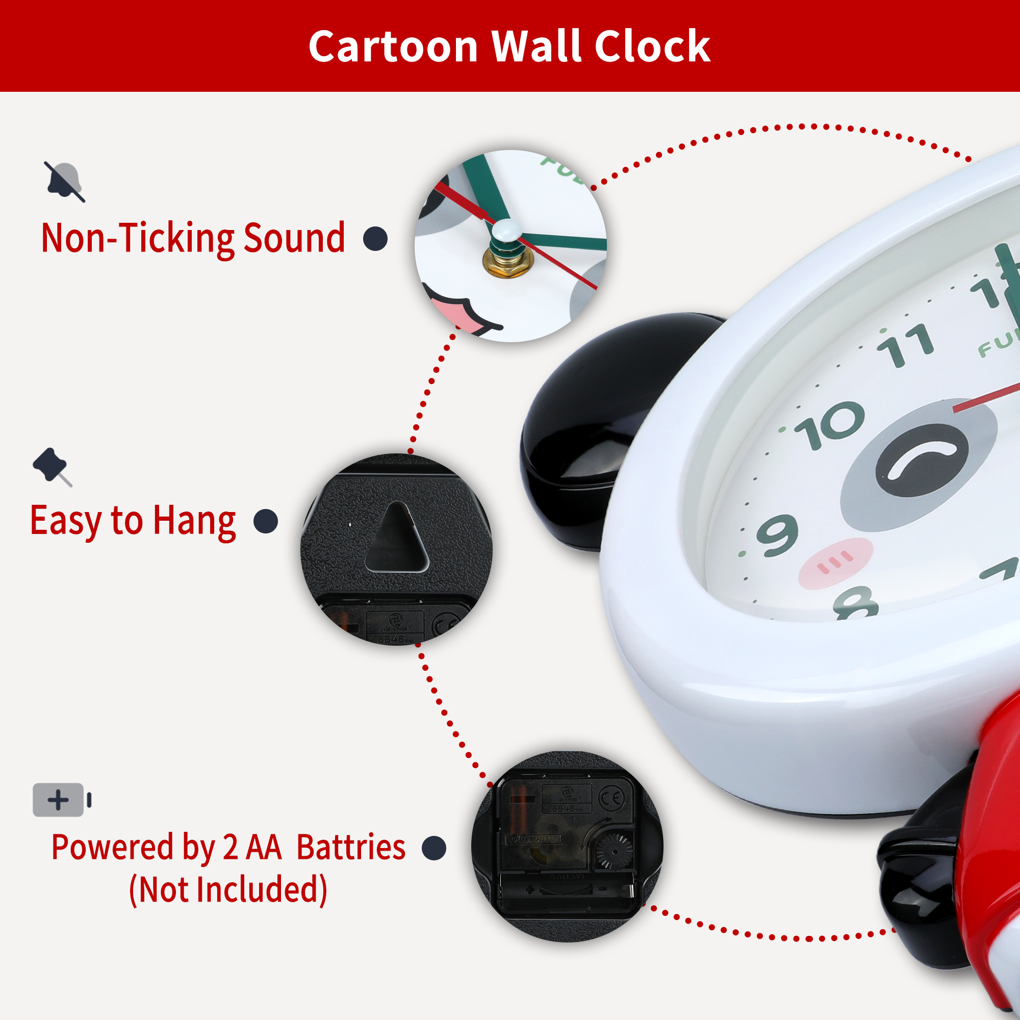 Unique Bargains 1pc Cute Panda Cartoon Non Ticking Wall Clock 15" x 12" x 1.7" Red