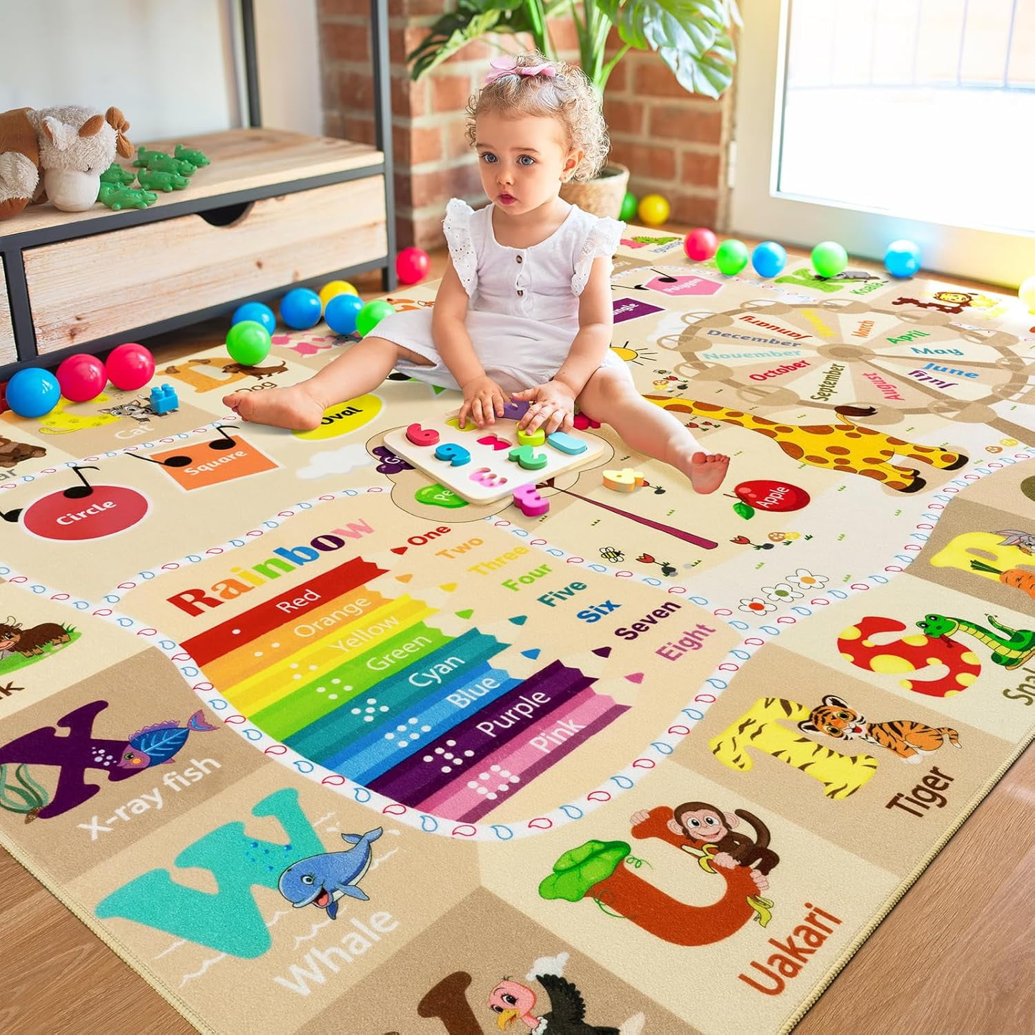 Noahas Playroom Rug Daycare Kids Rug 6x9,Educational and Fun Nursery Rug with ABC Alphabet Animals Classroom Rug Washable Kids Play Mat Baby Toddler Children Boys Rugs for Bedroom,Beige