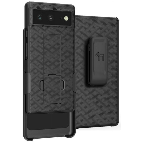 Case with Clip for Google Pixel 6, Nakedcellphone Slim Hard Shell Phone Cover with Kickstand and [Rotating/Ratchet] Belt Hip Holster Combination - Black Tread