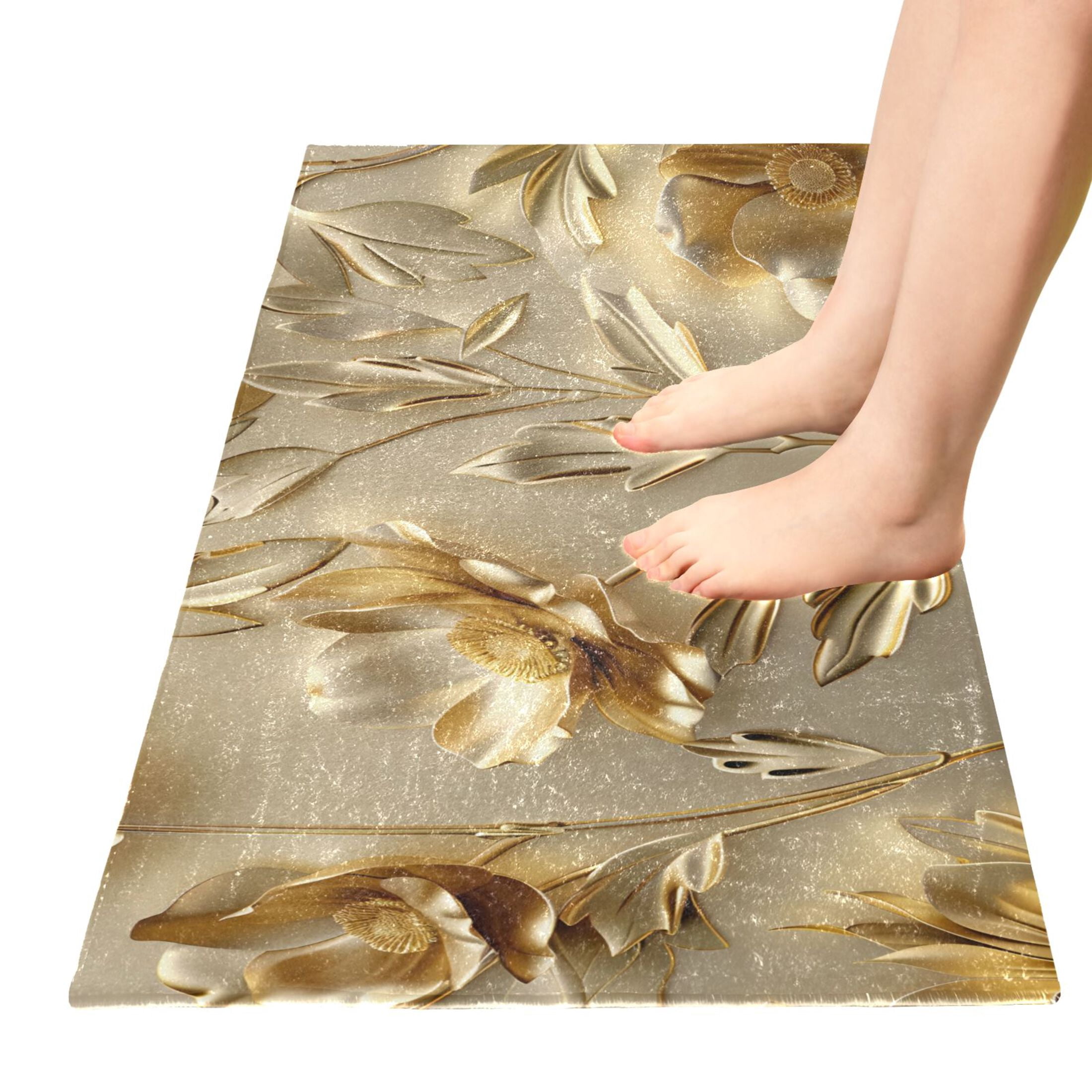Gold Flowers and Leaves Bathroom Rug Non Slip Bathroom Mats Entry Door Soft Carpets for Kitchen Bedroom Living Room 39x20 inch