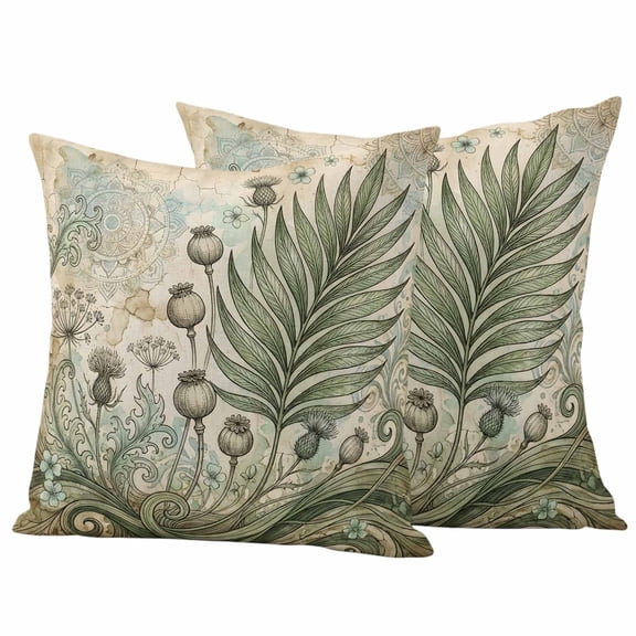 2 Pack Outdoor Waterproof Throw Pillow Covers,Vintage Poppy Pods Sage Green Fern Leaf Decorative Square Pillow Case Patio Pillowcases for Chair Couch Sofa 16x16in
