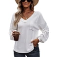 thumbnail image 1 of Camisa de manga larga para mujer, cuello en V, Color puro, corte holgado, Top para mujer con bolsillo en el pecho para el trabajo diario y vacaciones, 1 of 8