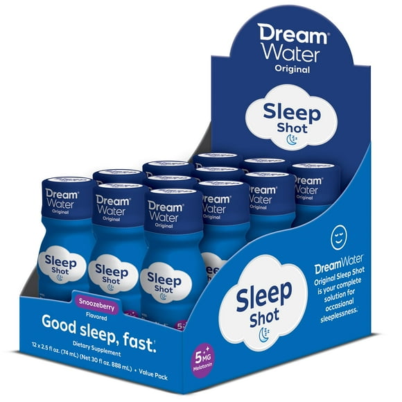 Dream Water Sleep Aid Supplement Drink; Melatonin 5mg, GABA, 5-HTP; Zero Sugar, Natural Flavors, No Added Colors, 2.5 oz Liquid Sleep Shots, Snoozeberry, 12-Count