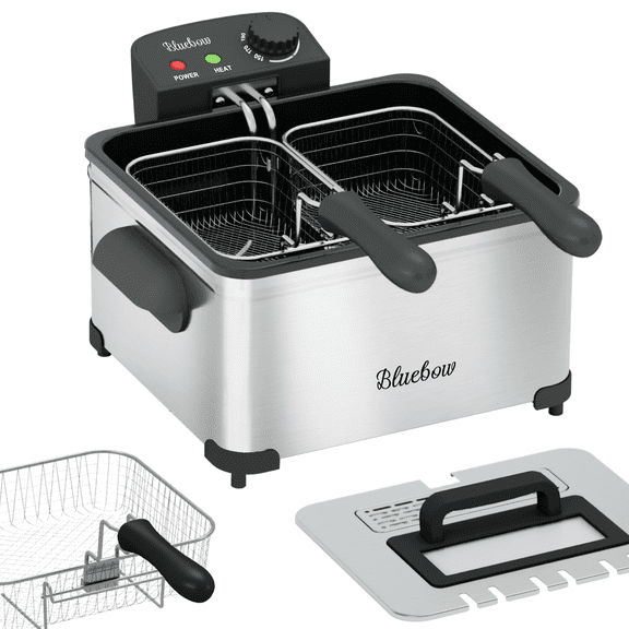Bluebow Electric 5.3QT Deep Fryer, 1700W Immersion Fryer with 3-Baskets, Adjustable Temperature, Lid with Viewing Window, Stainless Steel