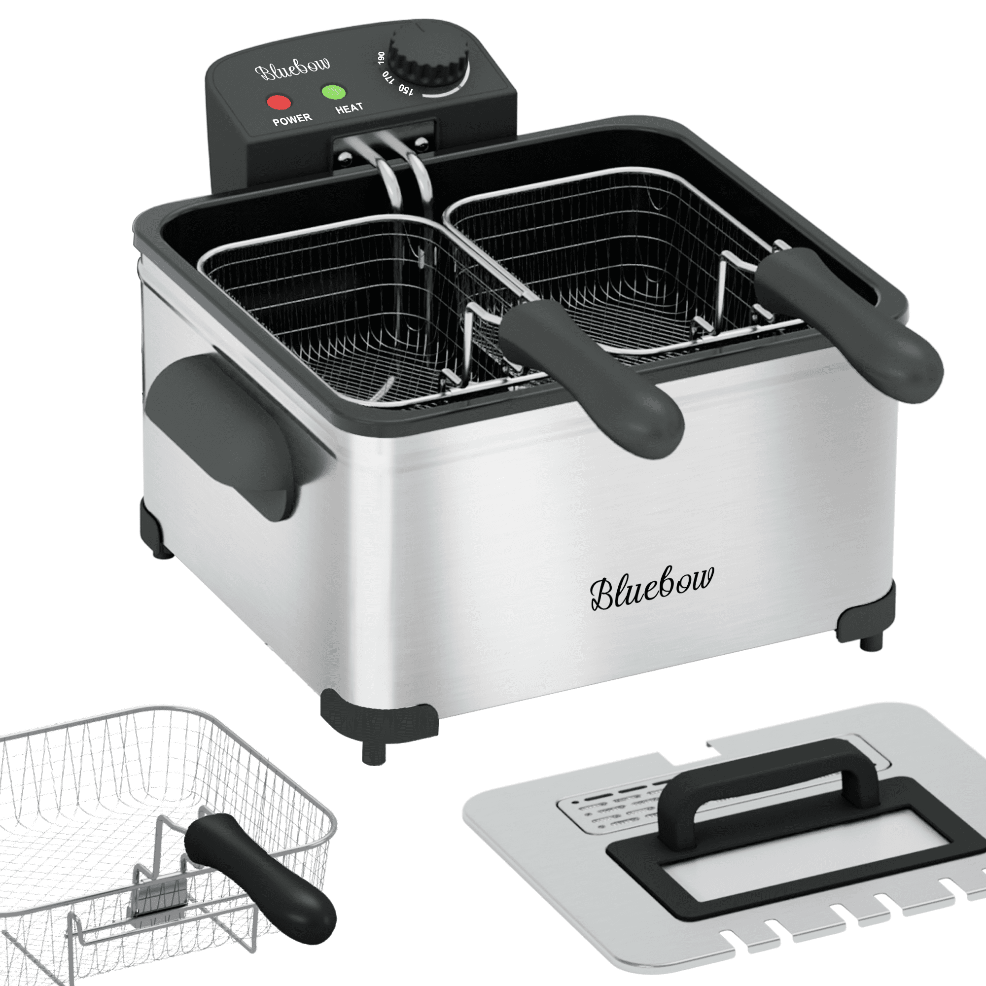 Bluebow Electric 5.3QT Deep Fryer, 1700W Immersion Fryer with 3-Baskets, Adjustable Temperature, Lid with Viewing Window, Stainless Steel