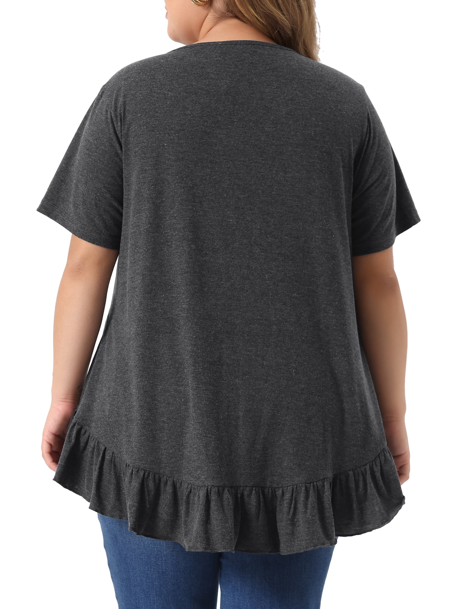 Women's Plus T Shirts Henley V Neck Button Up Short Sleeve Ruffled Hem Blouses Tops 4X Dark Gray
