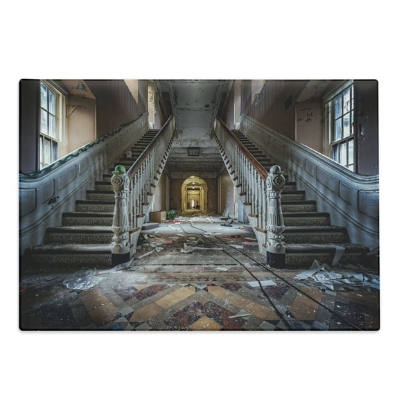 Rustic Cutting Board, Destroyed Main Entrance Hallway of Ravaged Opera House with Symmetric Stairs Photo, Decorative Tempered Glass Cutting and Serving Board, Large Size, Brown Beige, by Ambesonne