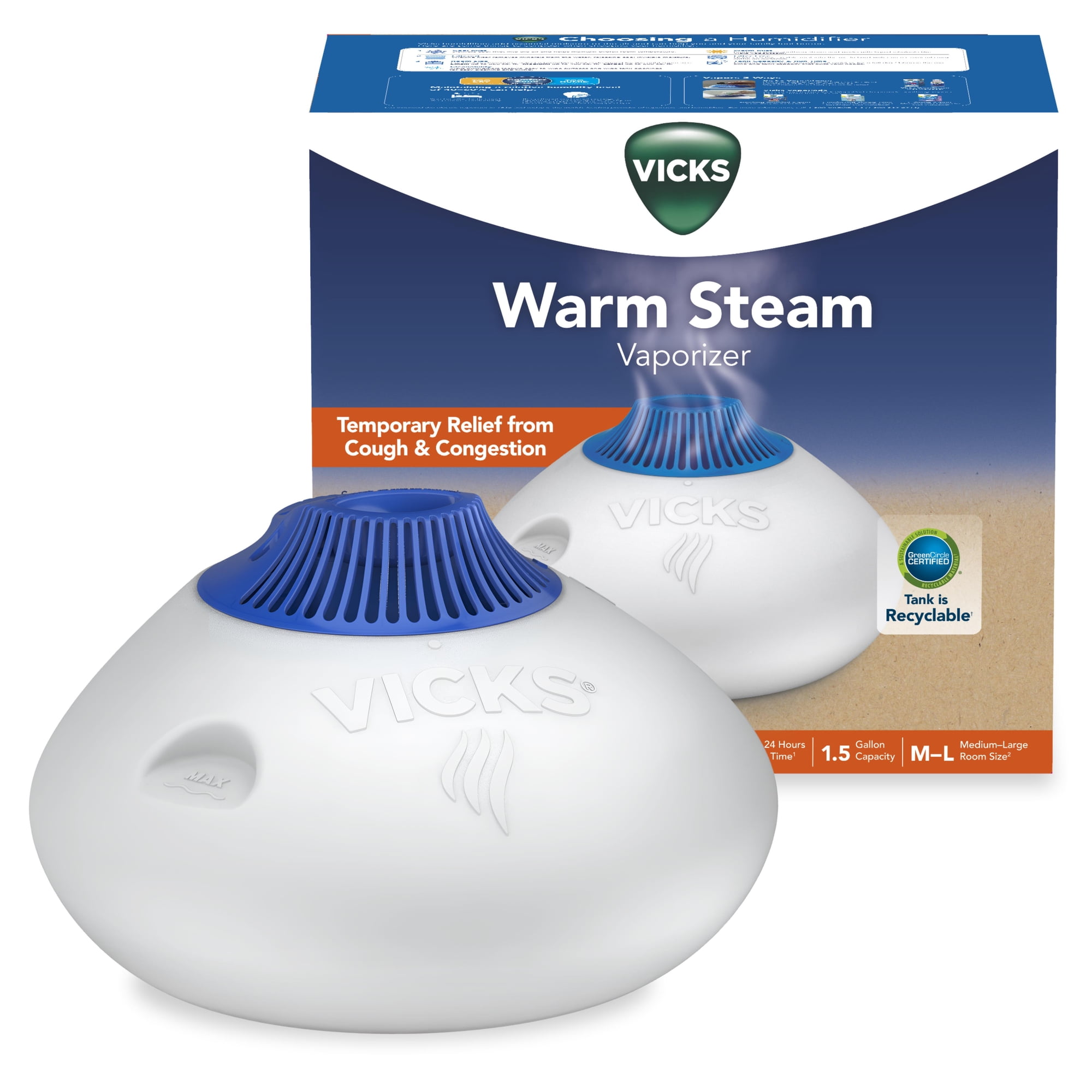 Vicks Warm Steam Vaporizer Humidifier with Night Light, 1.5 gal, 600 Sq. ft, White, V150SGNLUPCV2