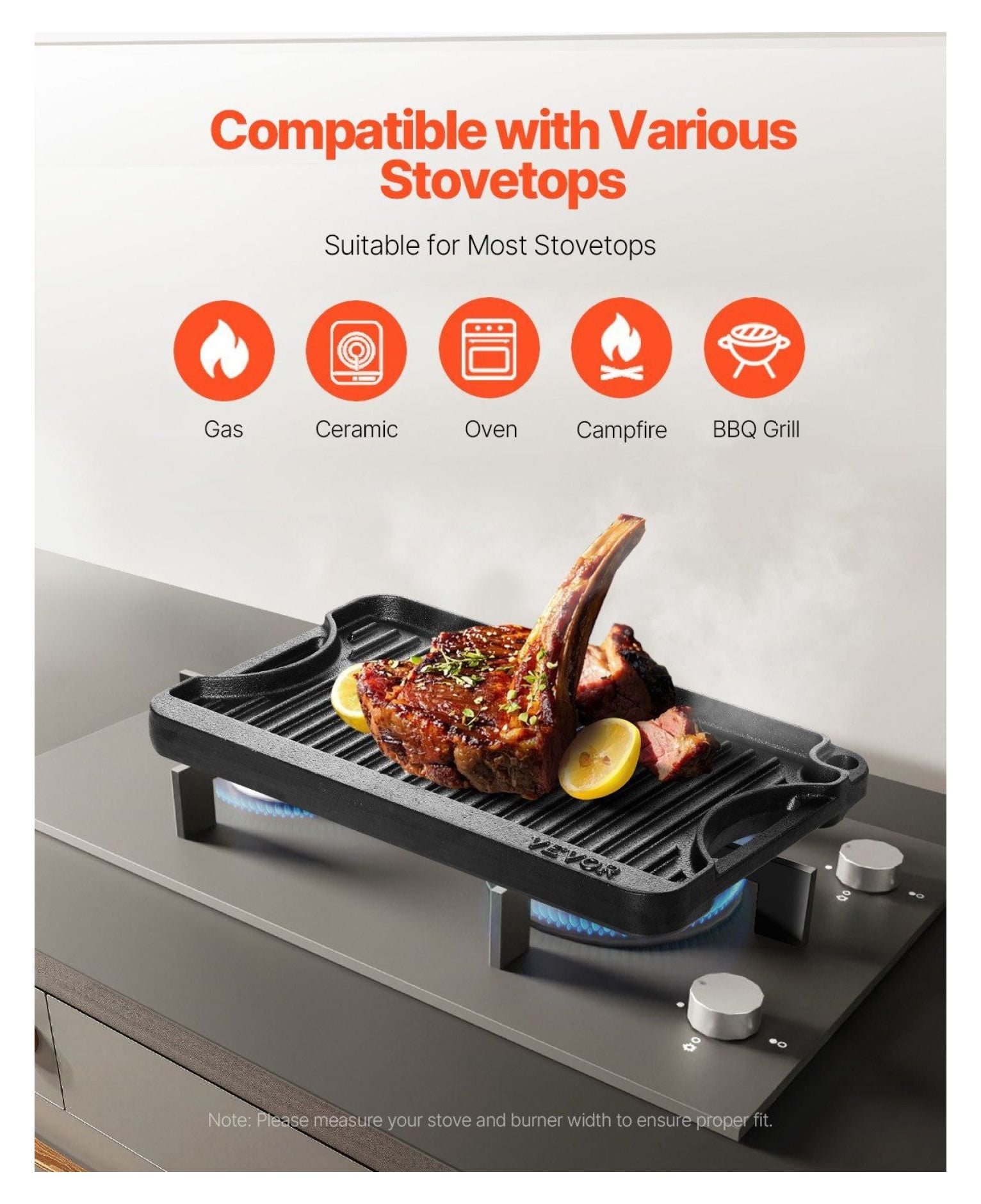 Cast Iron Grill Griddle Reversible 14x8.5 Inch - Pre-Seasoned BBQ Pan for Stovetop, Gas, Electric - Indoor & Outdoor Cooking