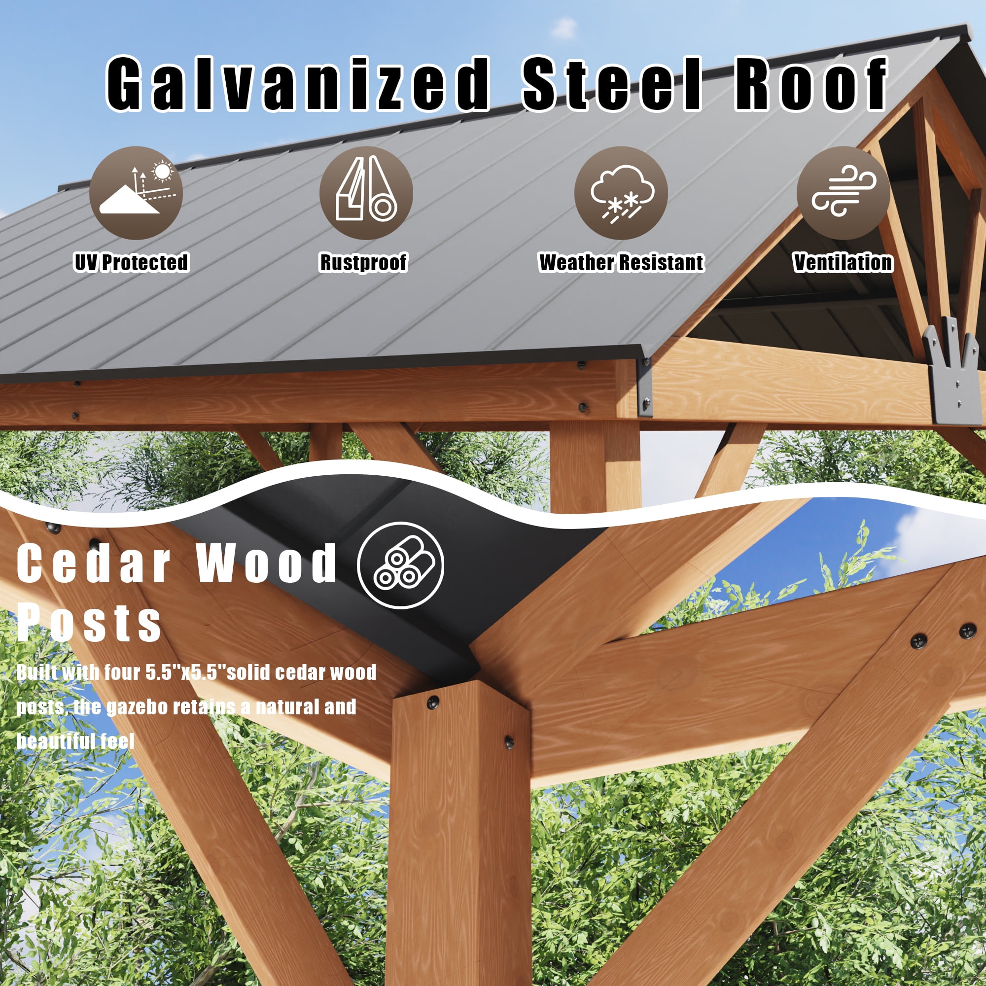MeetLeisure 11' x 13' Cedar Solid Wood Hardtop Gazebo, Outdoor Patio Gazebo with Steel Roof, Black