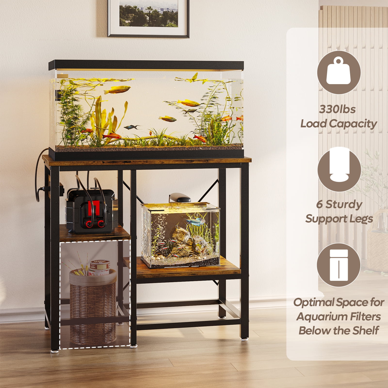 Bestier 20-29-37 Gallon Fish Tank Stand with Power Outlets, 3-Tier Heavy Duty Metal Aquarium Stand Reversible Storage Shelf