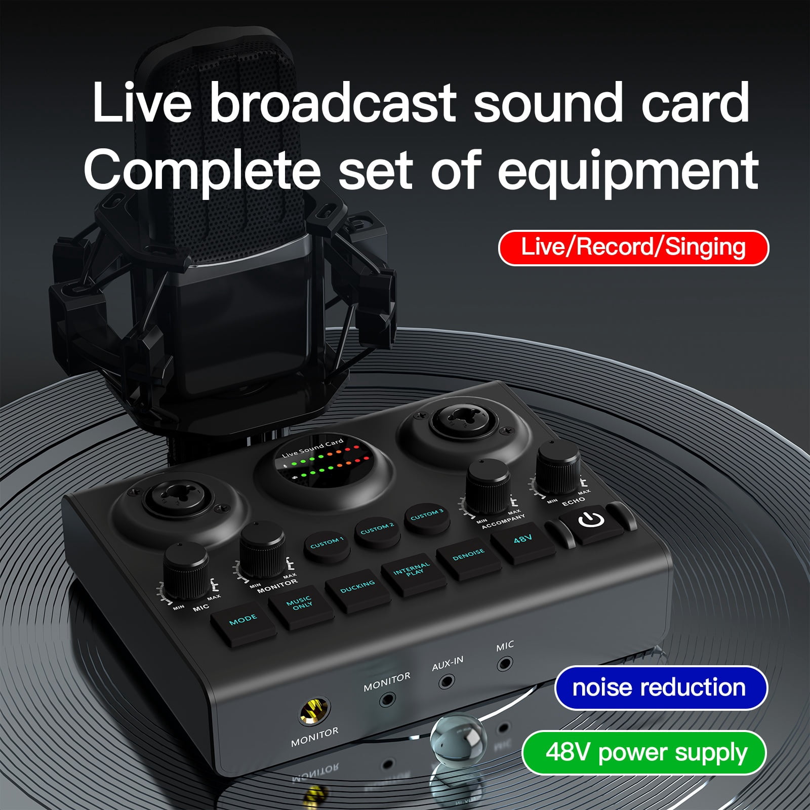 48V Phantom Power Live Sound Card Streaming DJ Controller Mixer Voice Podcast Live Streaming Kit