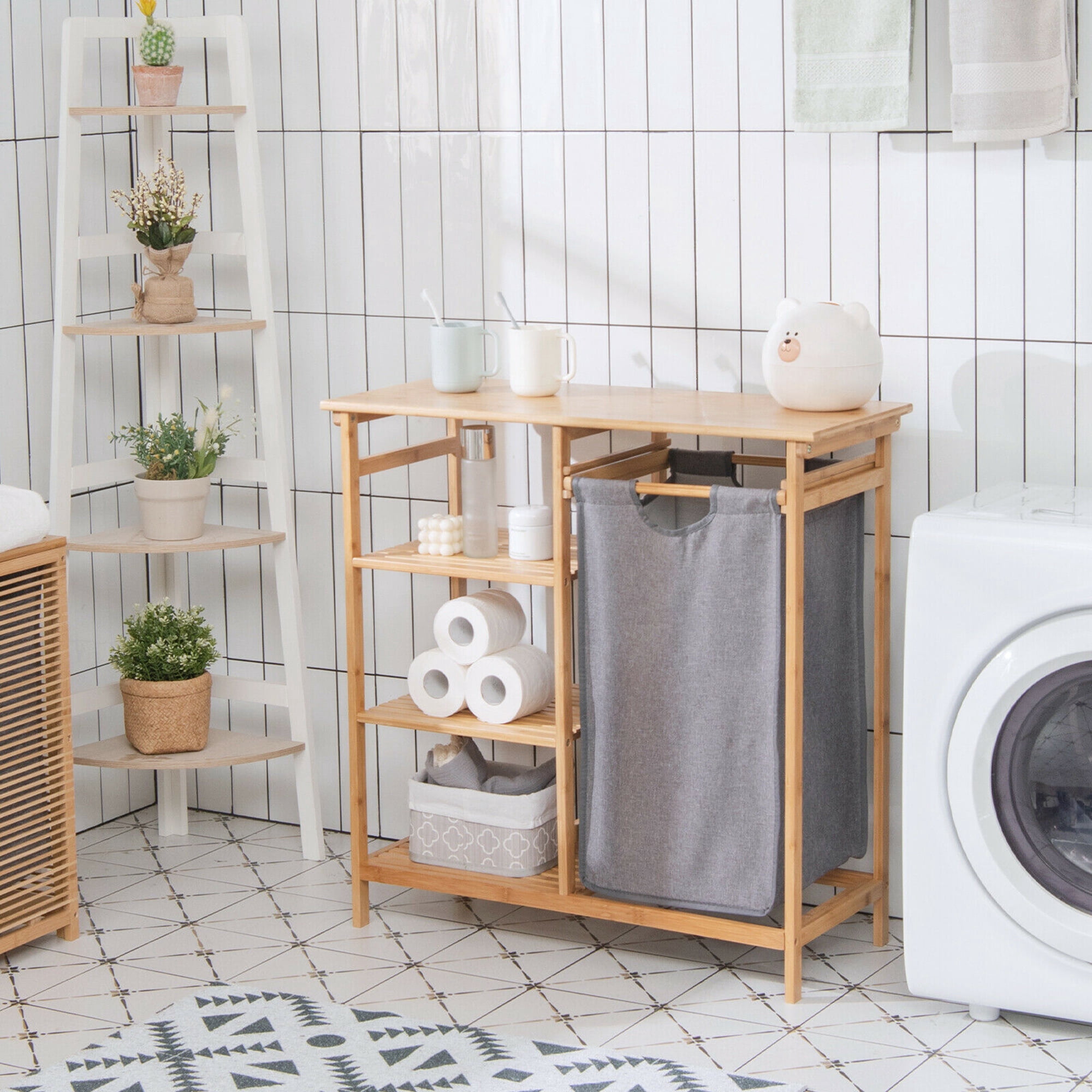 Gymax Laundry Hamper Basket Table Bamboo w/Storage Shelves and Sliding Bag