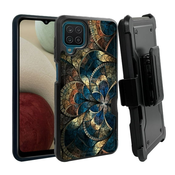 ANJ  Rugged Dual Layer Shockproof Holster Case w/Card Slot, Kickstand   Tempered Glass for Samsung Galaxy A12 - Abstract Tiles