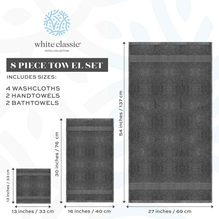 White Classic Luxury 100% Cotton 8 Piece Towel Set - 4X Washcloths, 2x Hand, and 2x Bath Towels - Ivory