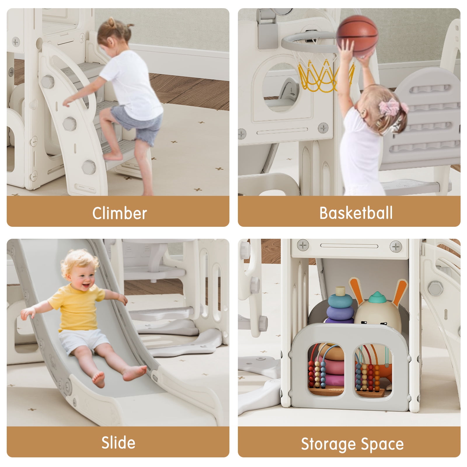 Kinsuite 7-in-1 Toddler Swing & Slide Set - Kids Slide for Toddlers 1-3 with Basketball Hoop, Swing, Ball, Storage Space & Telescope, Indoor & Outdoor Playground Playset (Grey)