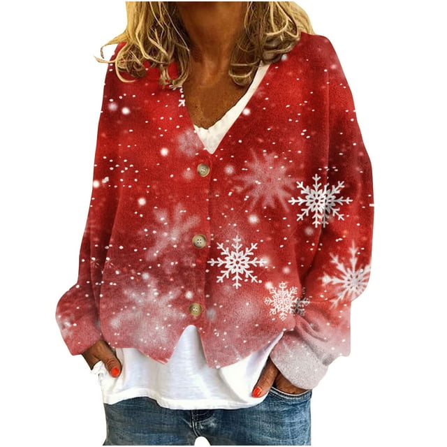 Funicet Vestes pour Femmes, Cardigan pour Femmes, Cardigan Décontracté pour Femmes Bouton Imprimé de Noël Mode Veste Haut, Hauts pour Femmes Décontracté Été, Hauts de Noël pour Femmes