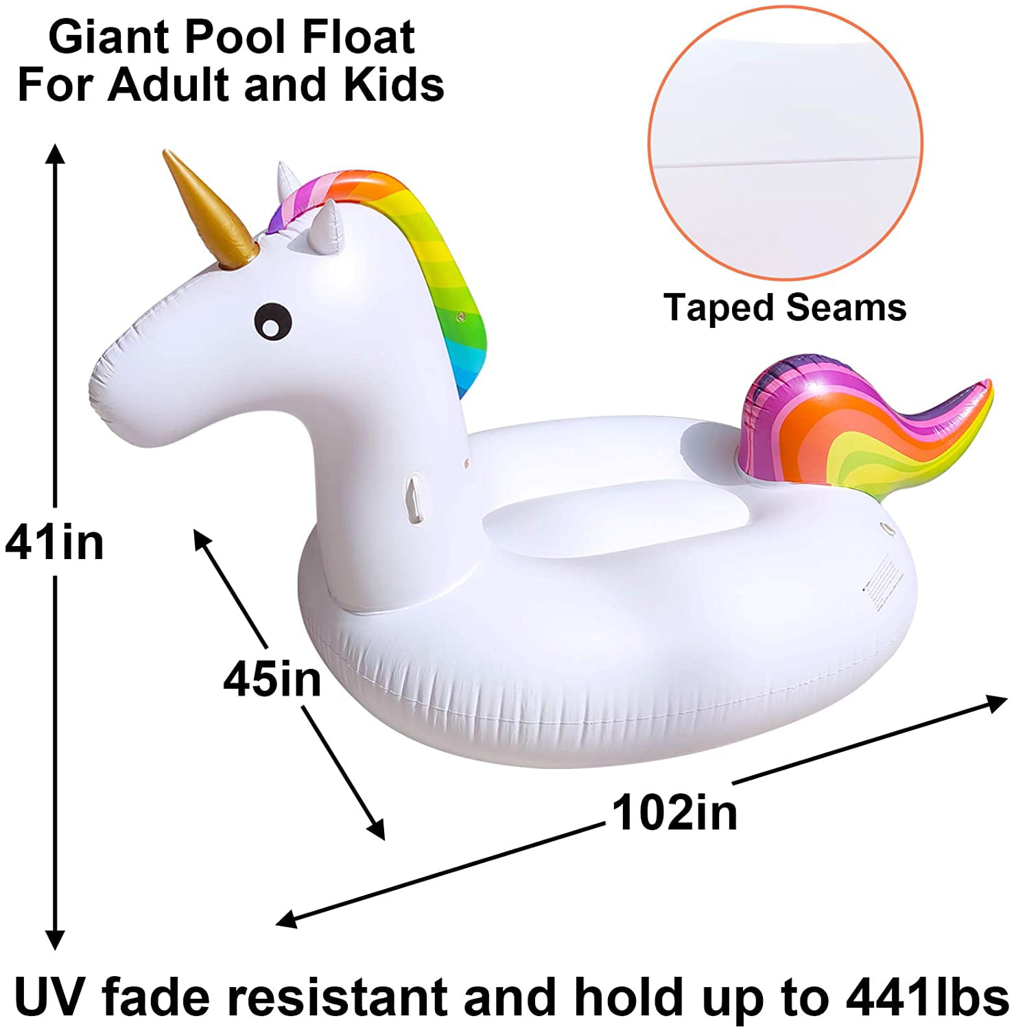 Pool Float Inflatable Rainbow Unicorn Design Fade-Resistant in White Finish 