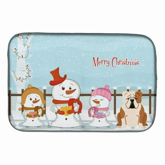 Merry Christmas Carolers English Bulldog Fawn White Dish Drying Mat