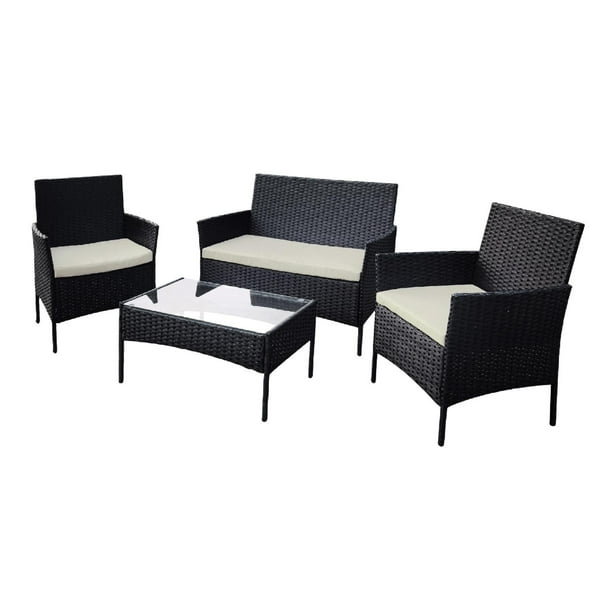 Sala Para Exterior Jardin Rattan Mimbre De 4 Pzas Con Cojines Skygreen negro G