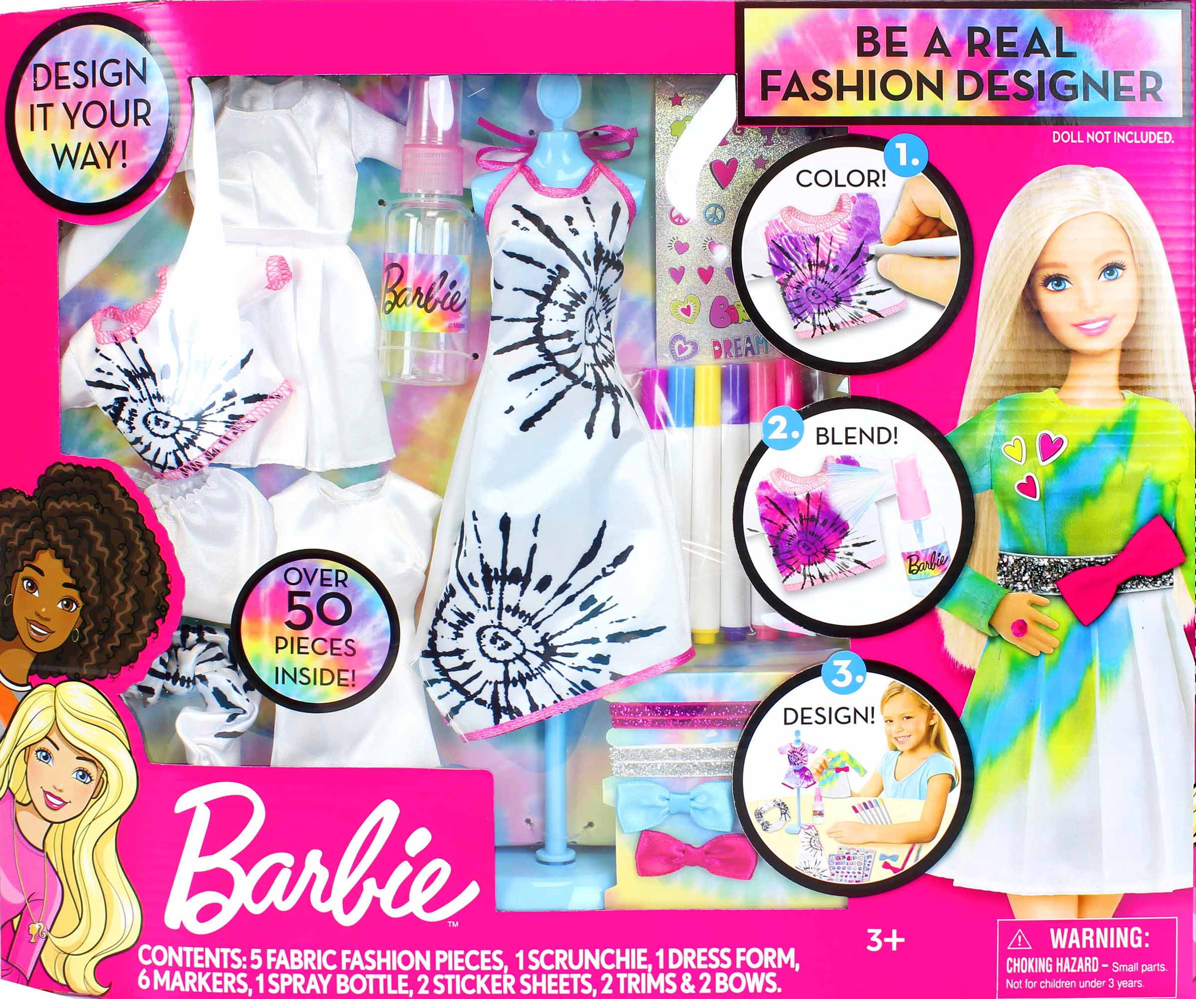 NEW 12pc Barbie print dress  accessories lot puppy spa doll dishes 